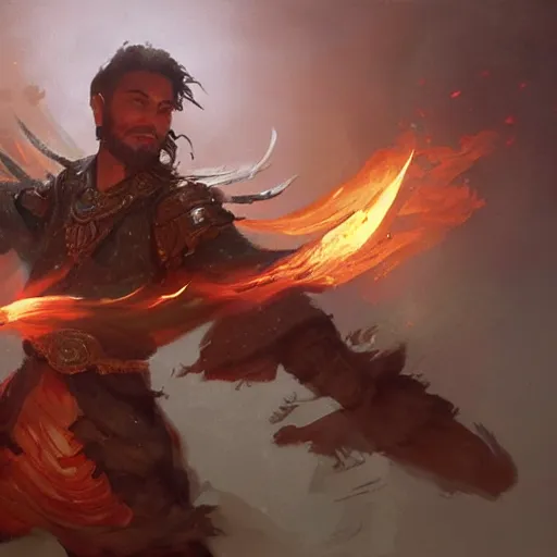 Image similar to beautiful painting of a male halfing bard, casting fireball and killing a whole village, painted by greg rutkowski