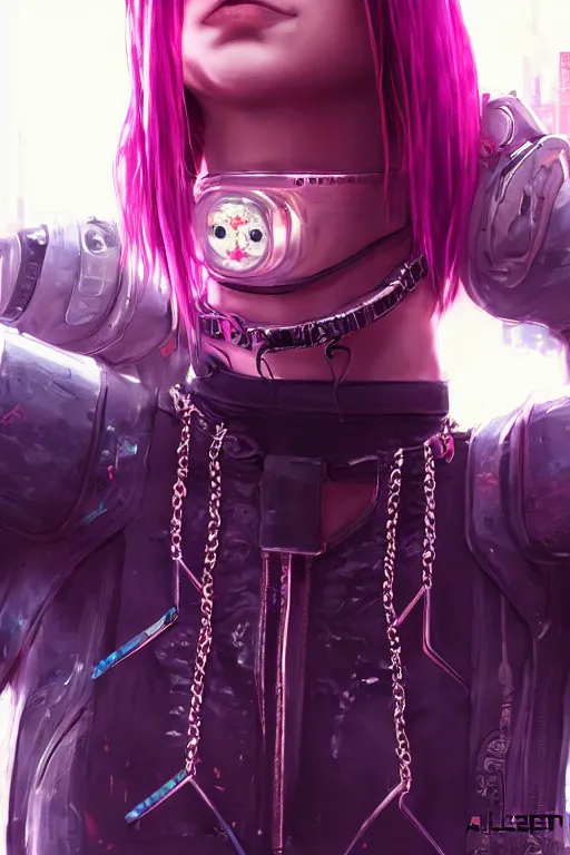 Image similar to detailed realistic cyberpunk female character cyberpunk wearing steel collar around neck, realistic, art, beautiful, 4K, collar, choker, collar around neck, punk, artstation, detailed, female, woman, choker, cyberpunk, neon, punk, collar, choker, collar around neck, thick collar, choker around neck, wearing choker, wearing collar, bright neon punk hair,