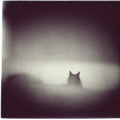 Image similar to black cloudy shadow in a cat shape, very blurry, mystical, misty, dreamy, shadow polaroid photo, by Warhol