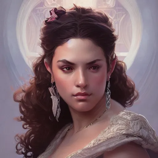 Image similar to portrait of a beautiful thick female, alexandria ortega cortez face, D&D, fantasy, intricate, elegant, highly detailed, digital painting, artstation, concept art, smooth, sharp focus, illustration, art by artgerm and greg rutkowski and alphonse mucha