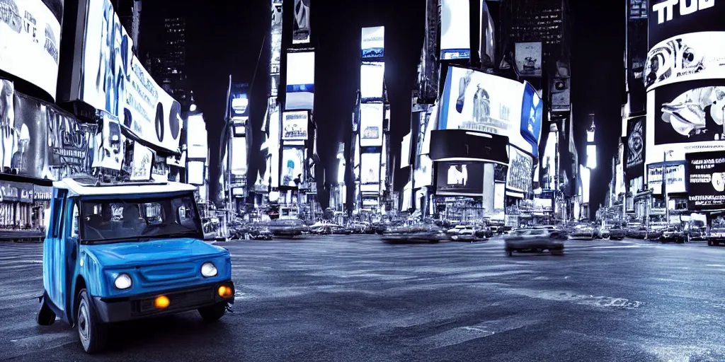 Prompt: a blue and white tuk tuk in Times Square at night, dream-like heavy atmosphere, dark baroque painting, beautiful, 8K artistic photography, photorealistic, dramatic volumetric cinematic perfect light, chiaroscuro, award-winning photograph, masterpiece, Raphael, Caravaggio, Beksinski, Giger, 4k