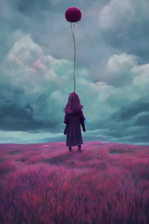 Image similar to portrait, giant flower head, a girl wearing a coat in heather field, surreal photography, wind and cold, dramatic sky, impressionist painting, digital painting, artstation, simon stalenhag