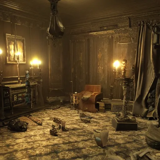 Image similar to room of a dark mansion, objects from ritual in the ground, realistic, highly detailed, unreal engine, guillermo del toro