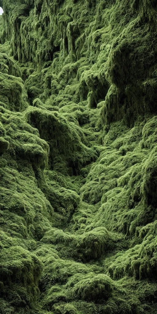 Prompt: a fertile, lush mossy canyon, minimalist structure, covered in ice, in the style of reuben wu, roger deakins