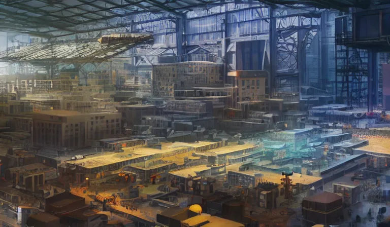 Prompt: sparse group people in simple warehouse, looking at hologram of futuristic city on a table, cinematic concept art, godrays, golden hour, natural sunlight, 4 k, clear details, tabletop model buildings, center model buildings, hologram center, crane shot, crane shot, crane shot