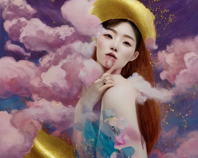 Prompt: lee jin - eun in elegant chic interstellar lush dress emerging from gold gold by martine johanna, michael garmash and katsuhiro otomo, rule of thirds, seductive look, beautiful, cotton candy clouds, puyallup berteronian, himalayan poppy flowers, gorgeous, face anatomy, masterpiece, refined beautiful