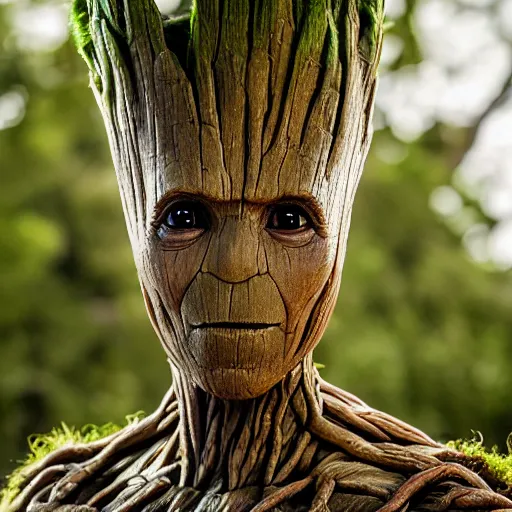 Prompt: groot as thor, photography, headshot, headpiece, female character, canon eos r 3, f / 1. 4, iso 2 0 0, 1 / 1 6 0 s, 8 k, raw, unedited, symmetrical balance, in - frame