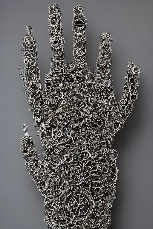 Image similar to cybernetic robotic hand made of intricate gears, wires and ceramics, engraved with sanskrit writing