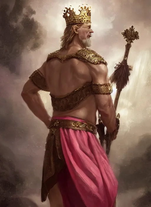 Image similar to vladimir putin as a magnificent beautiful greek god in a crown and short pink balerrina skirt by greg rutkowski