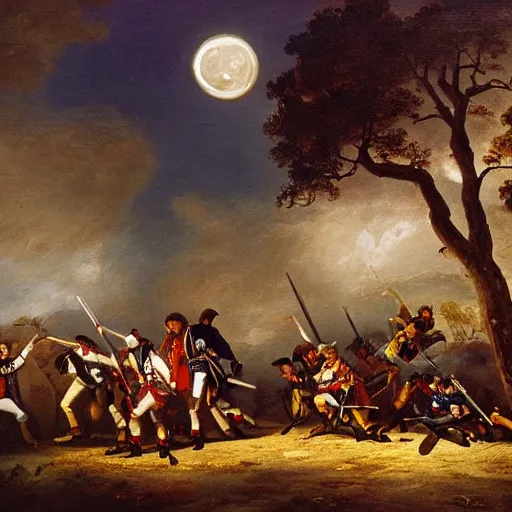 Image similar to painting of 18th century battle between British redcoats fighting werewolves in village streets, midnight, full moon, gothic, oil painting, night, colors,