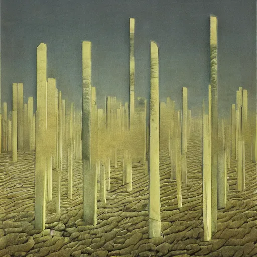 Image similar to tall boxes lined up across the horizon next to each other, zdzislaw beksinski