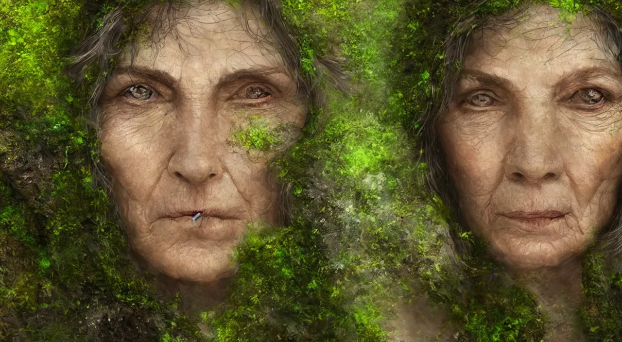 Image similar to Centered portrait of one single moss-covered 65 year-old Gaia goddess with a tear running down her cheek, highly-detailed, elegant, dramatic lighting, artstation, 4k