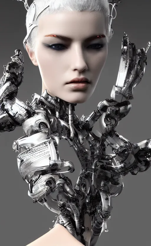 Image similar to white cyborg fashion shot, cyber copper wires and spirals hairdo, baroque design, headshot half figure, photorealistic, unreal engine, trending on artstation,