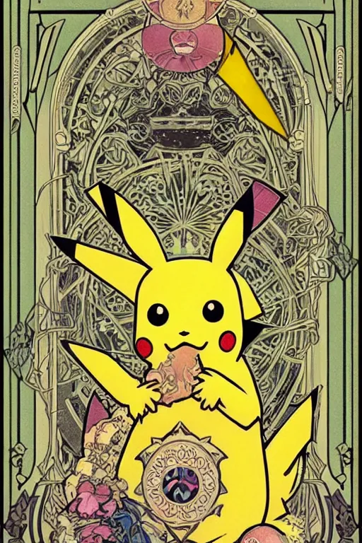 Image similar to Pikachu tarot card, art nouveau style, painterly, digital art, ornate borders, intricate details, dream atmosphere, light toned, pastel colors, cute, adorable, concept art, Pixiv, Deviantart, Behance, trending on artstation, by Naoki Saito and James jean and James Gurney and Alphonse Mucha