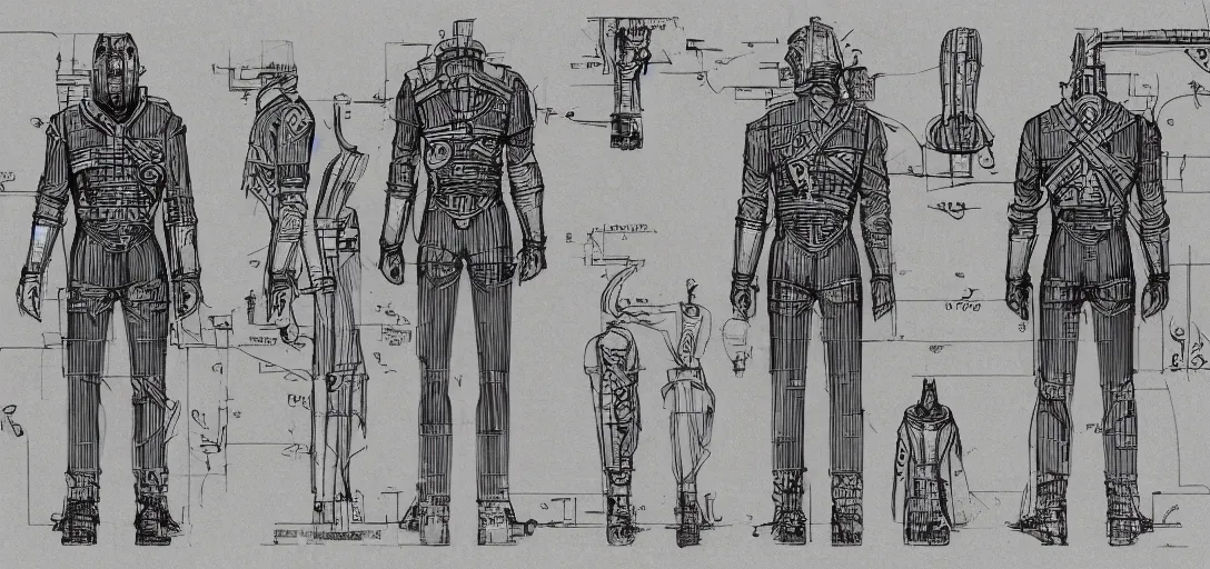 Prompt: blueprints for bioshock character, concept art, blueprint,