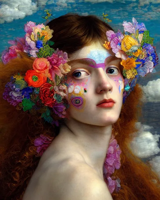 Image similar to a beautiful girl in the clouds wearing colourful face paint surrounded by colourful intricate patterns, by edgar maxence and caravaggio and michael whelan, intricate painting, hyper realistic, extremely detailed and beautiful aesthetic face, 8 k resolution