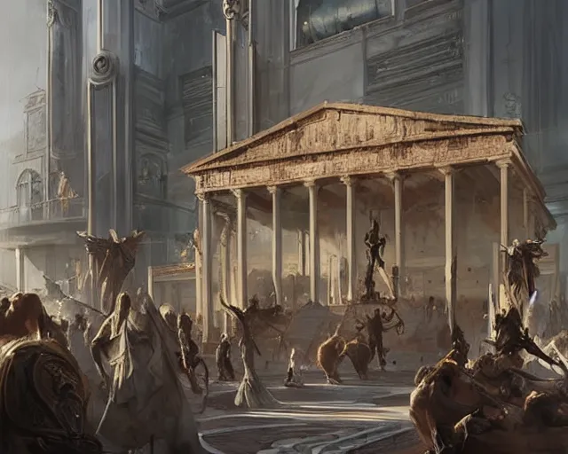 Prompt: a mall in the style of ancient republican greece, art by greg rutkowski and artgerma, stunning concept art, interior design architecture