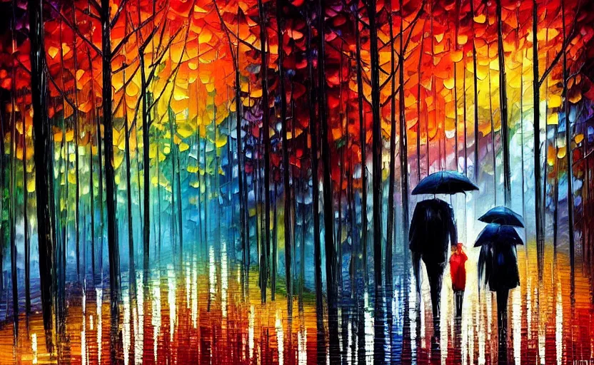 Image similar to walking through a gloomy forest in the rain at night by leonid afremov, oil painting!!!, intricate details!!!, fine brush!!!!!!