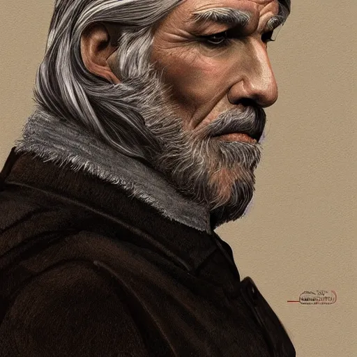 Prompt: old greying flowing hair handsome man with high collar fantasy, symmetrical beautiful, portrait, painting, trending on artstation