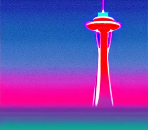 Image similar to a beautiful and immaculate balanced vaporwave ombre scene depicting outrun style seattle and the space needle