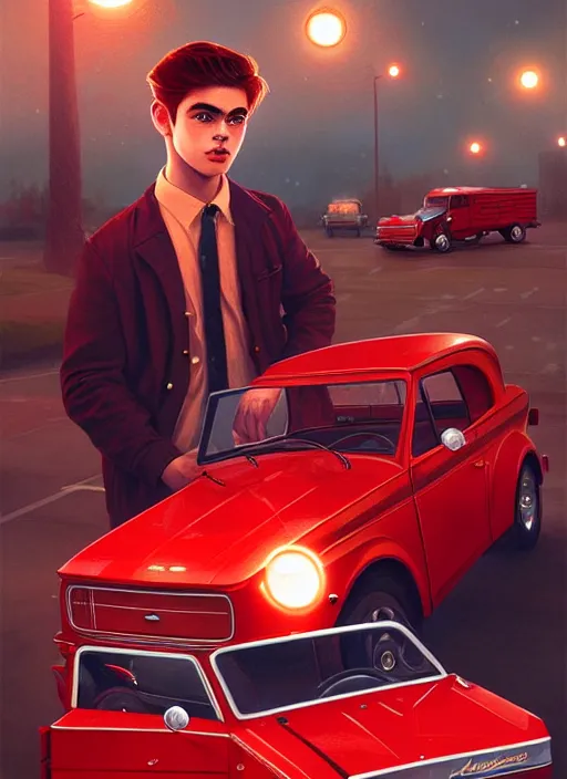 Image similar to teenage archie andrews, in a red ford model t, intricate, elegant, glowing lights, highly detailed, digital painting, artstation, sharp focus, illustration, art by wlop, mars ravelo and greg rutkowski