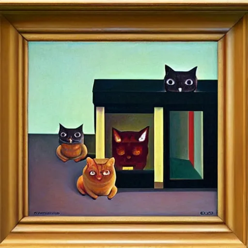 Image similar to robotic cats, grant wood, pj crook, edward hopper, oil on canvas