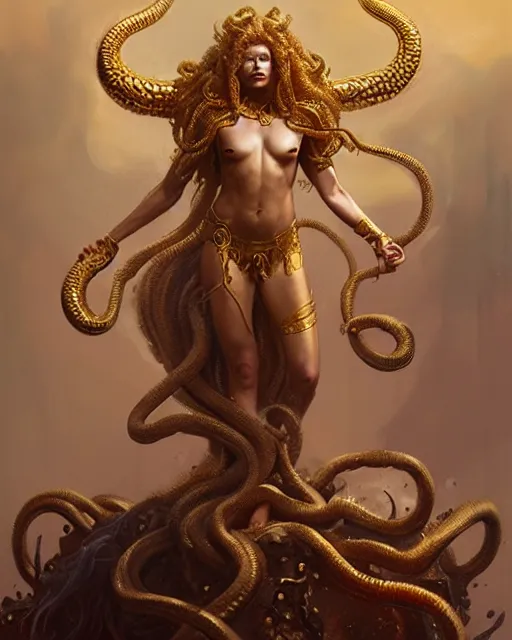 Image similar to fierce medusa in an golden robe, fantasy character portrait, ultra realistic, concept art, intricate details, highly detailed by greg rutkowski, gaston bussiere, craig mullins, simon bisley