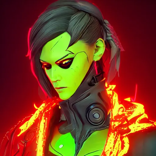 Prompt: cyberpunk fashion, character design humanoid, borderlands 3 style, profile portrait, concept art character modeling, body made of green lava and fire, marvelous designer, z brush, maya, digital 3 d, 4 k, epic size, epic scale, ultra detailed digital art, furry art, macro art, deviantart, realistic