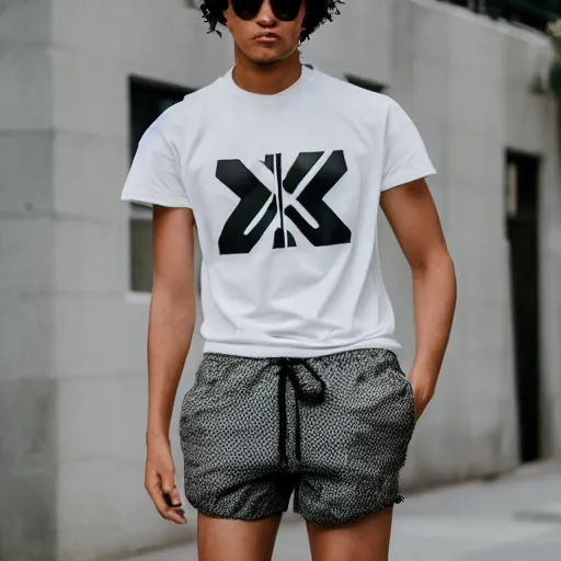 Image similar to person wearing'off - white'long t shirt and shorts with a different color stylish, hd, full body