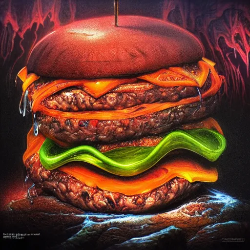 Image similar to photorealistic demonic cheeseburger in the style of michael whelan and gustave dore. hyperdetailed photorealism, 1 0 8 megapixels, amazing depth, glowing rich colors, powerful imagery, psychedelic overtones, 3 d finalrender, 3 d shading, cinematic lighting, artstation concept art