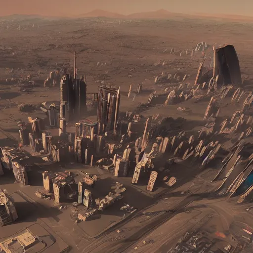 Image similar to Aerial photo of a cyberpunk city on Mars