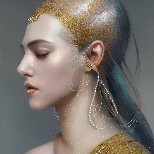 Image similar to a beautiful portrait of a pearl goddess with glittering skin, a detailed painting by greg rutkowski and raymond swanland, featured on cgsociety, fantasy art, detailed painting, artstation hd, photorealistic