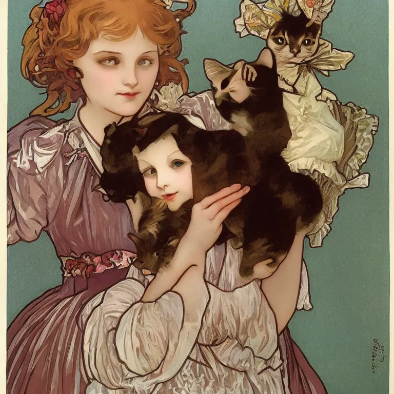 Image similar to girl in sweet lolita dress and her cat companion. chiaroscuro gouache by clamp and alphonse mucha.