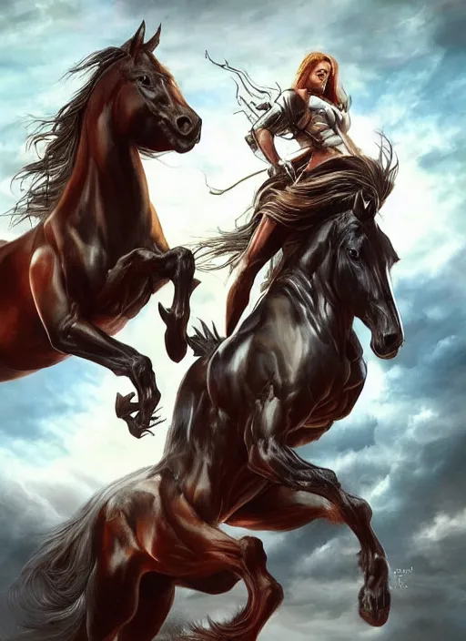 Prompt: the singular horseman of the apocalypse is riding a strong big black stallion, horse is up on its hind legs, the strong male rider is carrying the scales of justice, beautiful artwork by artgerm and rutkowski, breathtaking, beautifully lit, dramatic