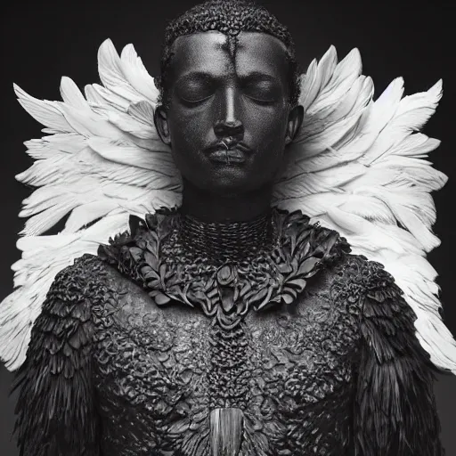 Image similar to a man dressed in black with large black wings, a statue by kubisi art, trending on cgsociety, afrofuturism, angelic photograph, national geographic photo, made of feathers
