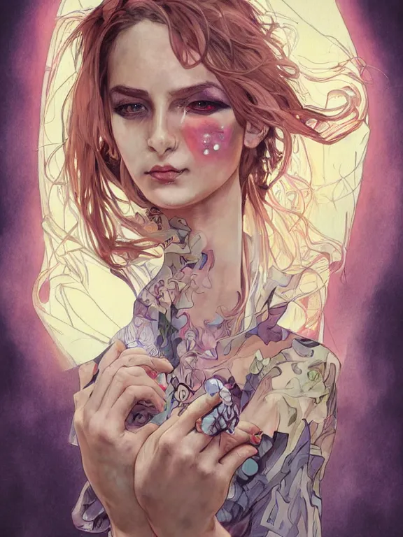 Image similar to digital illustration of a girl with eyes that burn like cigarettes wearing a short skirt and a long jacket with fingernails that shine like justice, dramatic lighting, photorealistic, extreme detail, 4 k, colorful, artgerm and alphonse mucha, watercolor