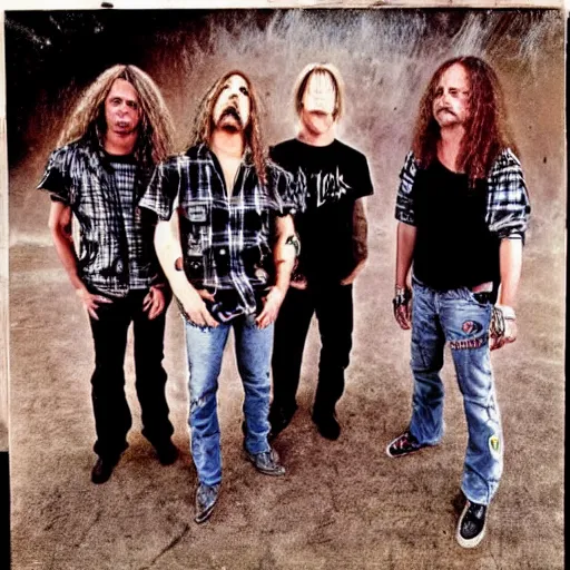 Image similar to Metallica reimagined as a grunge band, grunge-tallica, 1993, flannel shirts, Metallica