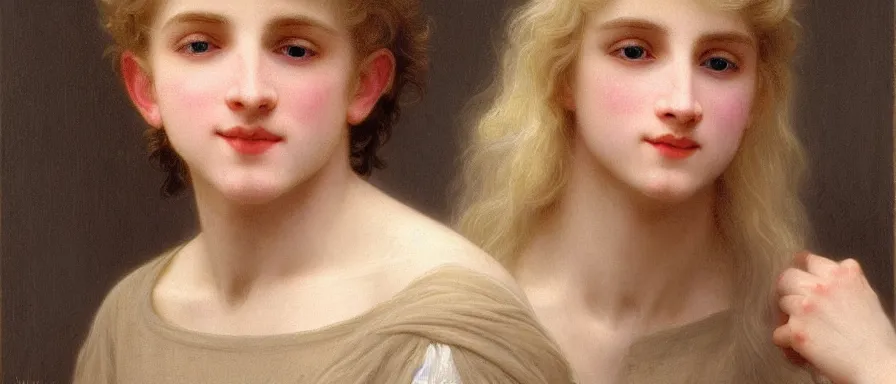 Image similar to A pale blond androgynous young man Lucius, fluffy light long blond curly hair. Gentle opal eyes. Smiling. Happy. Cheerful. Art by william adolphe bouguereau. Extremely detailed. Beautiful. 4K. Award winning.