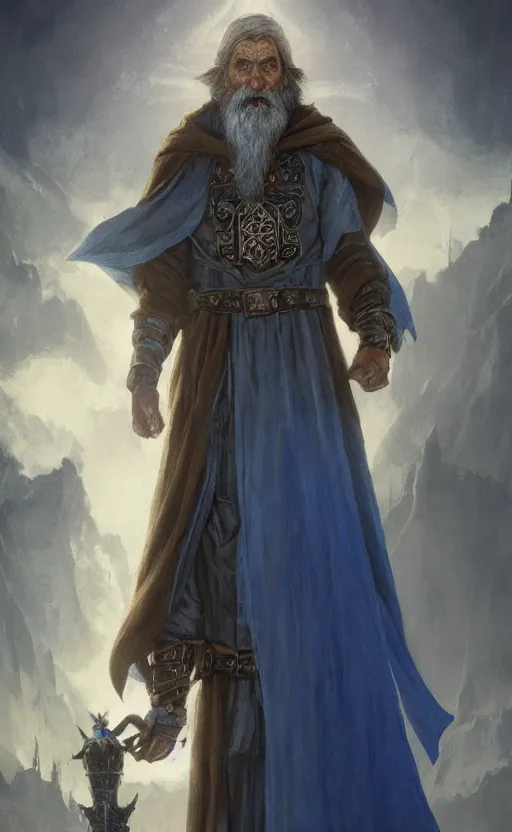 Image similar to portrait of a middle - aged elf with a long beard, dressed in a blue cloak, brown - grey hair, raised hand, clock iconography, detailed face, fantasy, highly detailed, cinematic lighting, digital art painting by greg rutkowski