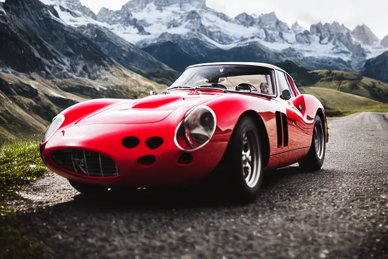 Prompt: car photography of Ferrari 250 GTO series 2 in the Swiss Alps by Emmanuel Lubezki