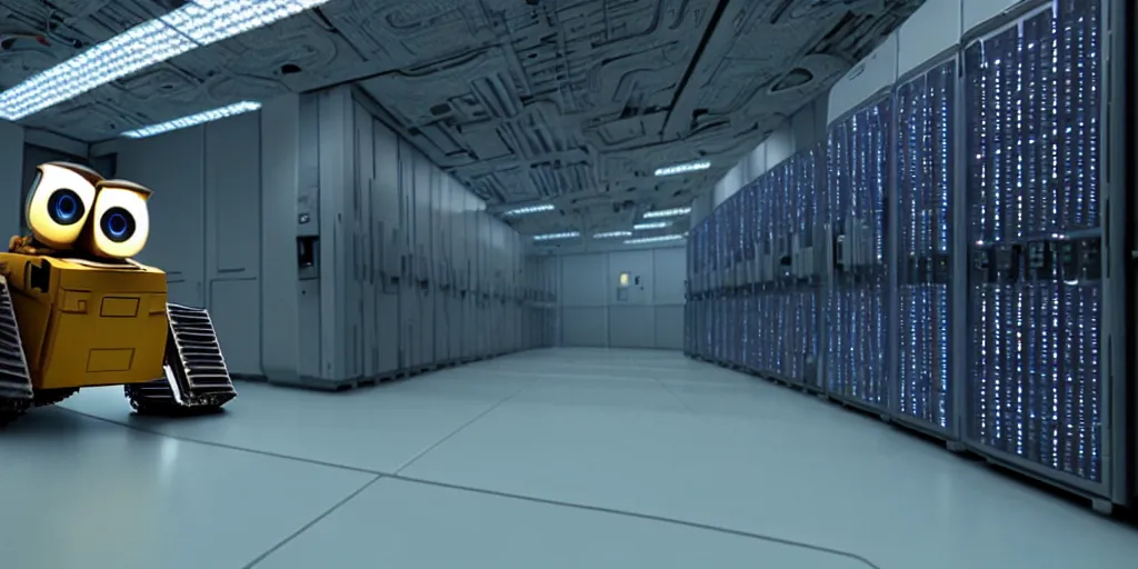 Prompt: wall - e in big server room high - detalysed shot from george lucas movie