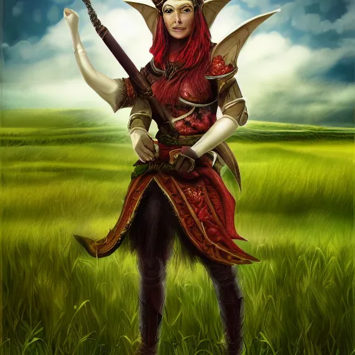 Image similar to fantasy portrait of an elf warrior with a field in the background, in the style of Josh Corpuz