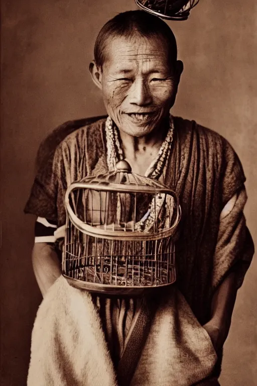 Image similar to ultra realistic vintage photo portrait of a tibetan man with a birdcage in the chest, by Annie Leibovitz,