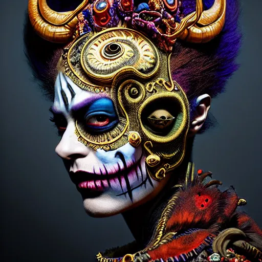 Prompt: uhd photorealisitc authentic two - face wearing ornate costume and intricate voodoo makeup, intricate details, vivid colors, frightening surroundings, studio lighting, correct details, in the style of amano, karol bak, akira toriyama, and greg rutkowski