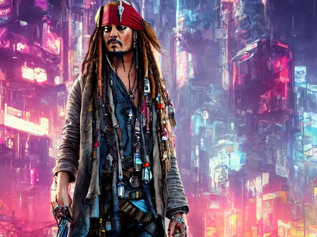 Image similar to jack sparrow in the game of cyberpunk 2 0 7 7, portrait, focus, 3 d illustration, sharp, intricate, poster, jack sparrow standing in front of the futuristic car, night city dystopian cyberpunk city in the background