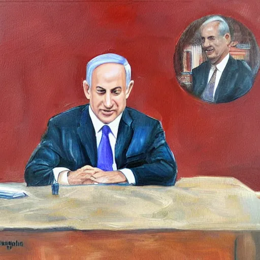 Image similar to benjamin netanyahu sir on table and talk on his phone. painting