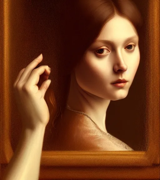 Image similar to portrait of a mirror sitting upon a table with heightened detail, poised, intense emotion, detailed facial expression, detailed surroundings, intricate, elegant, highly detailed, centered, digital painting, artstation, concept art, smooth, sharp focus, illustration, by ( leonardo da vinci ), wlop