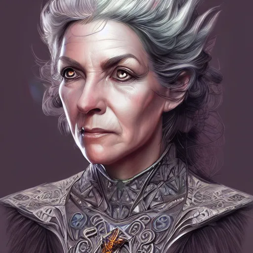 Prompt: Portrait of my mom, D&D, fantasy, intricate, highly detailed, digital painting, trending on artstation, sharp focus, illustration, style of Stanley Artgerm