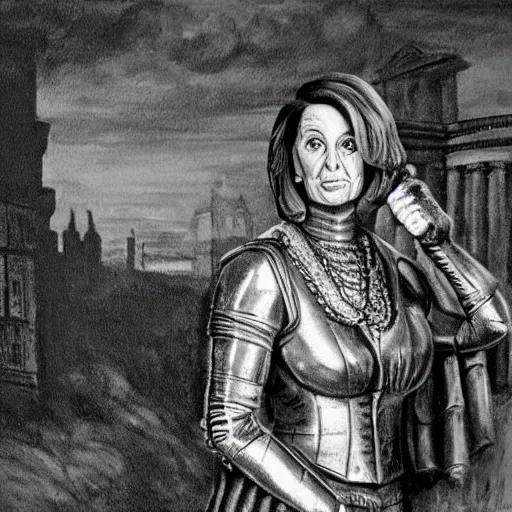 Image similar to painting of nancy pelosi standing in front of 1 6 th century backdrop. she looks like vigo the carpathian wearing armor. patina on armor. she ominously stares forward. hand on hip, arm resting on large stone. sepia toned. dramatic lighting. painting by lou police for ghostbusters 2.