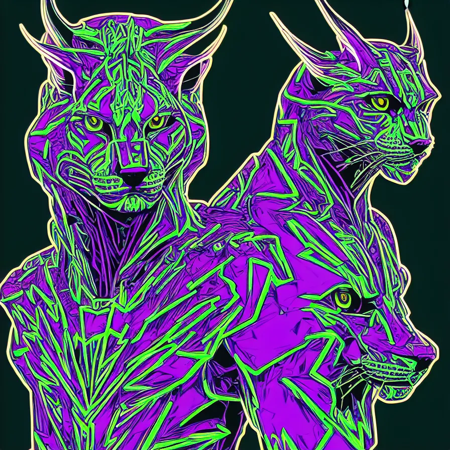 Prompt: a maximalist very detailed antropomorphic humanoid android with a head of a lynx. lowbrow blacklight color palette. artwork by subjekt zero